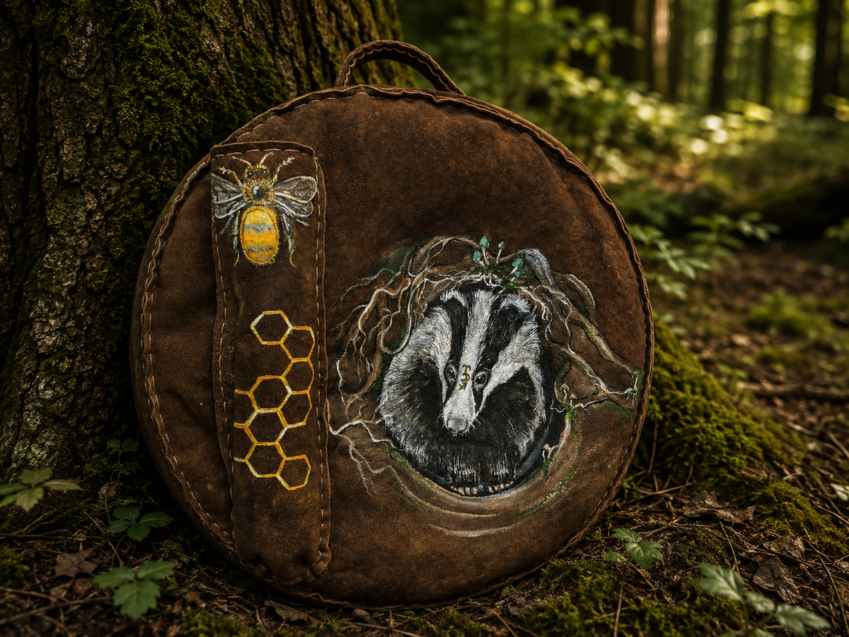 18-20 inch Bespoke, made-to-order, shamanic drum cover or shaman drum bag, entirely hand crafted from reclaimed beaver lamb fur coat for a perfectly cushioned sanctuary for you sacred instrument. Sustainable artisan craft.