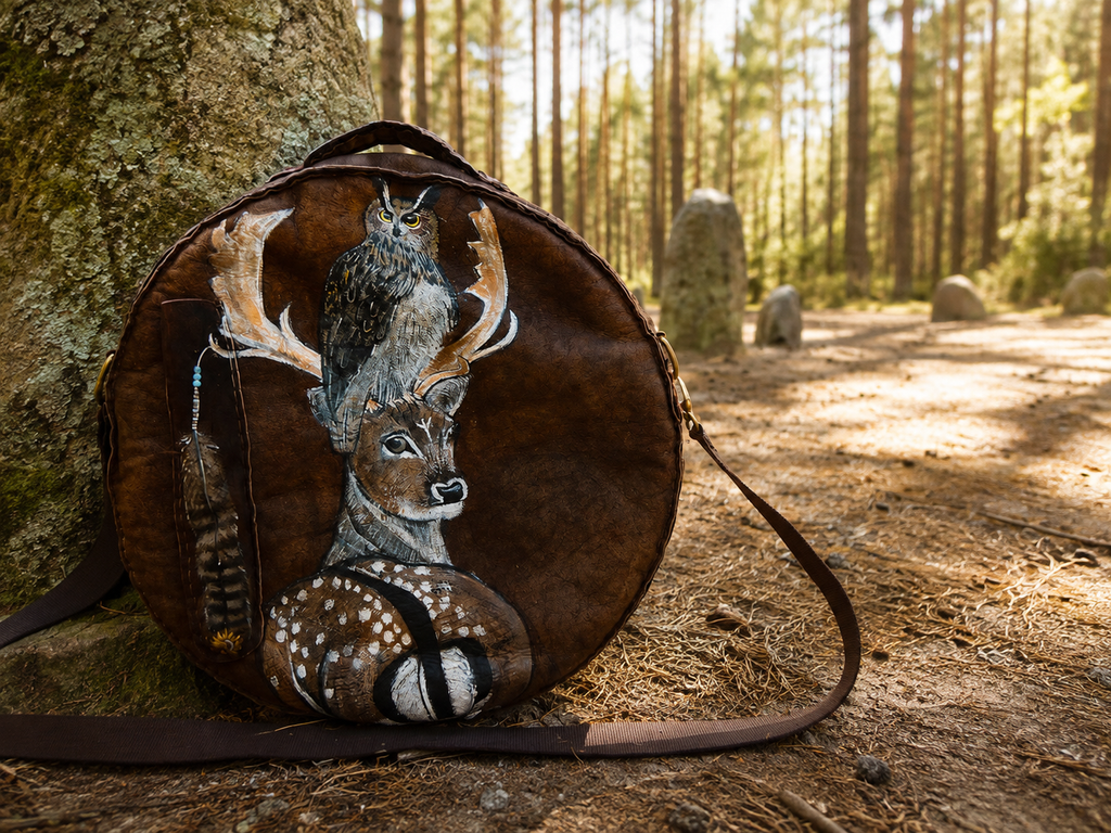 16-18 18-20 inch Bespoke, made-to-order, shamanic drum cover or shaman drum bag, entirely hand crafted from reclaimed beaver lamb fur coat for a perfectly cushioned sanctuary for you sacred instrument. Sustainable artisan craft.