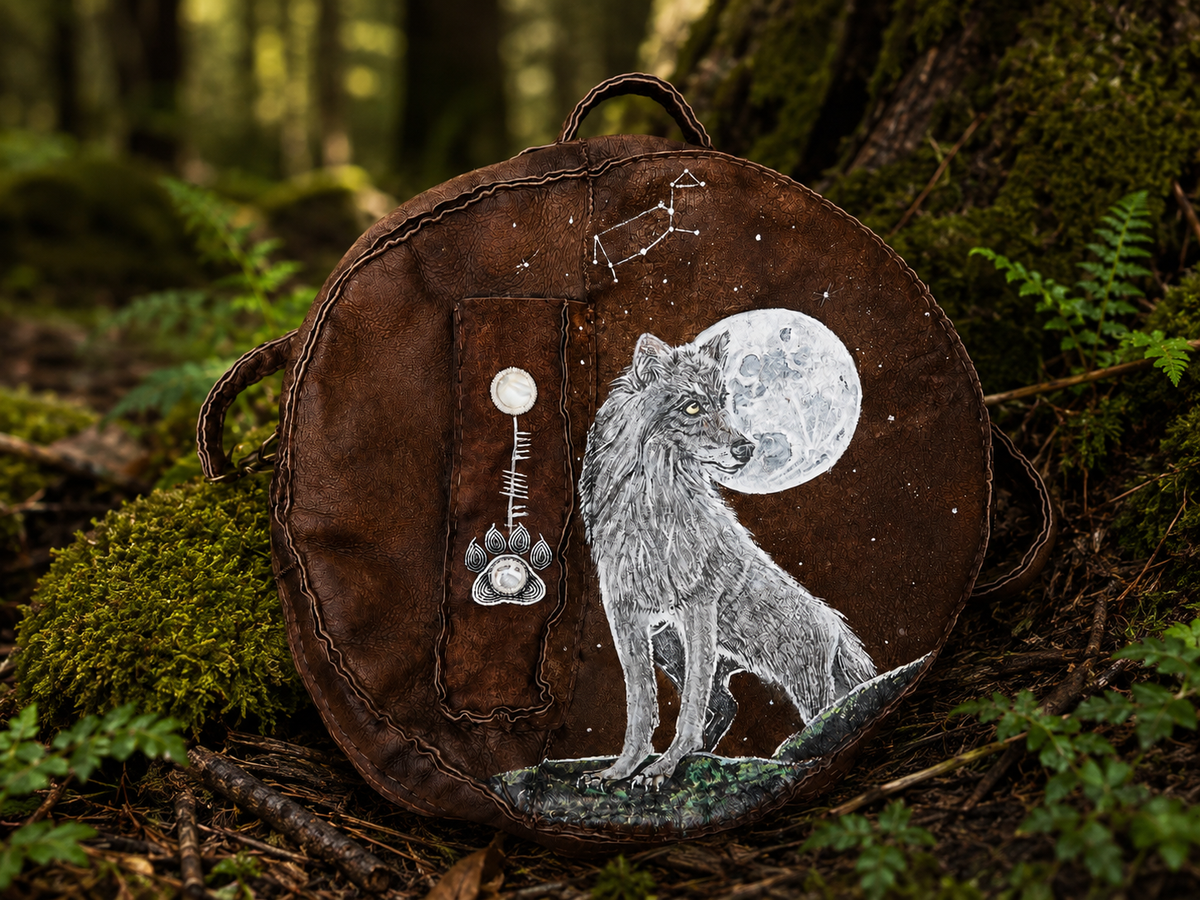 18-20 inch Bespoke, made-to-order, shamanic drum cover or shaman drum bag, entirely hand crafted from reclaimed beaver lamb fur coat for a perfectly cushioned sanctuary for you sacred instrument. Sustainable artisan craft.