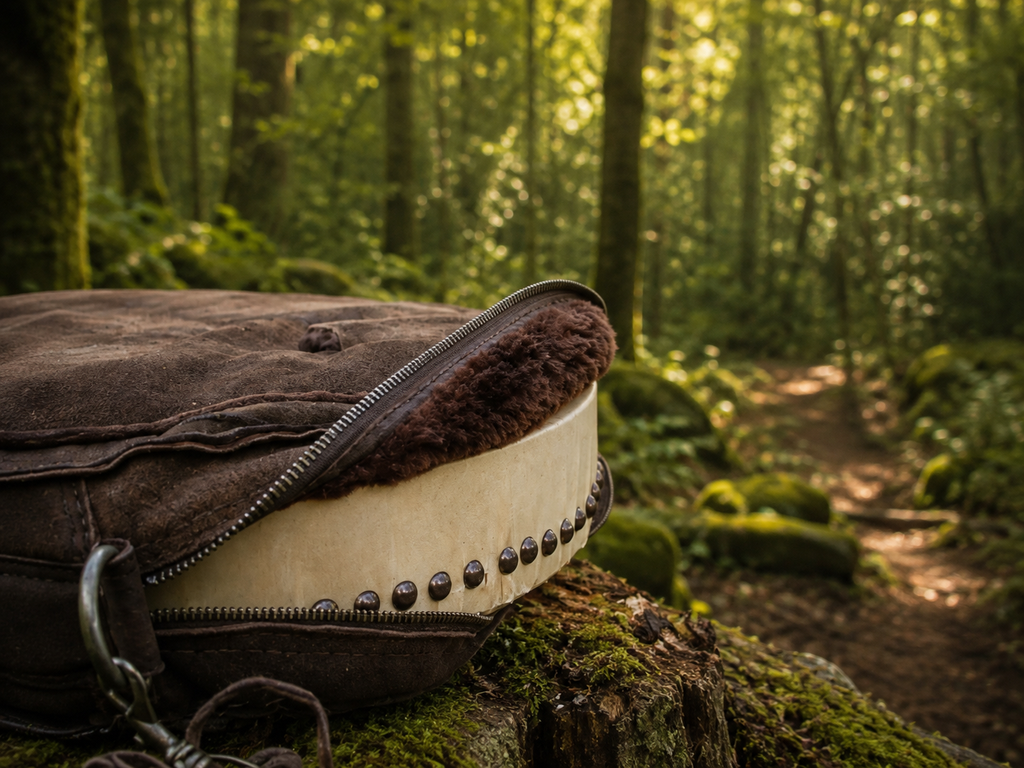 16-18 18-20 inch Bespoke, made-to-order, shamanic drum cover or shaman drum bag, entirely hand crafted from reclaimed beaver lamb fur coat for a perfectly cushioned sanctuary for you sacred instrument. Sustainable artisan craft.